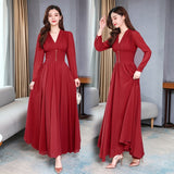 Wjczt 2021 Vintage Elegant Solid Women&#39;s Party Chiffon High Quality V-Neck Slim Female Long Sleeve Autumn Vestidos Long Dresses Robe