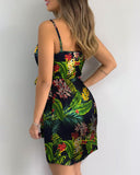 Wjczt Tropical Print V-Neck Wrap Casual Dress Women Sleeveless Summer Holiday Mini Dress
