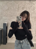 Wjczt Y2k Knitted T-shirt Women&#39;s Fall/winter Square Neckline, Black Tight-fitting Hollow Out T-shirt  Short, Inner Sweater Top