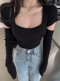 Wjczt Y2k Knitted T-shirt Women&#39;s Fall/winter Square Neckline, Black Tight-fitting Hollow Out T-shirt  Short, Inner Sweater Top