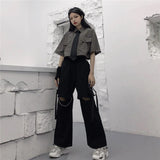 Wjczt Gothic Streetwear Women&#39;s Cargo Pants with Chain Punk Techwear Black Oversize Korean Fashion Wide Leg Trousers 2021 Alt