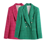 Wjczt   Women Fashion Double Breasted Tweed Green Blazer Coat Vintage Long Sleeve Flap Pockets Female Outerwear Chic Veste