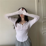 Wjczt Sexy Hot Knitted T Shirt Women&#39;s Summer Tops Thin Sunscreen V-neck Short Tight White Long Sleeve Top Tshirt N8DA