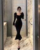 Wjczt Elegant Mermaid Black Long Dress Women Korean One Piece Vintage Gothic Evening Party Dress Autumn Casual Hepburn Slim Dress 2021