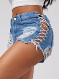 Wjczt Sexy Summer Women Denim Shorts New Black Blue High Waist Ripped Short Jeans Femme Tassel Lace Up Bandage Hot Pants