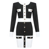 Wjczt 2022 New Aummer 2 Piece Suit Patchwork Black White O-Neck Long Sleeve Pocket Button Button Mini Hip Skirt Female Set