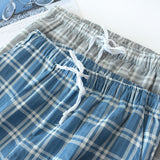 Wjczt Men&#39;s Cotton Gauze Trousers Plaid Knitted Sleep Pants Woman Pajamas Pants Bottoms Sleepwear Short for Couples Pijama Hombre
