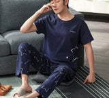 Wjczt Plus Size Pajamas 3xl 4xl Sleepwear Short Sleeved Long Pants Cotton Homewear Leisure Pyjamas Plaid Pants Men Summer Nightwear